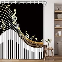 Music Shower Curtains Musical Instruments Gold and Black Musical Notes Background Polyester Fabric Bathroom Decor 70×70 Inch with Hook Hole - Buy now