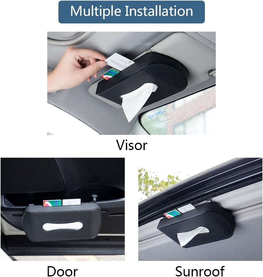 Mr.Ho Black Leather Car Visor Tissue Holder Mount, Hanging Tissue Holder Case for Car Seat Back, Multi-use Paper Towel Cover Case with One Tissue Refill for Car & Truck Decoration