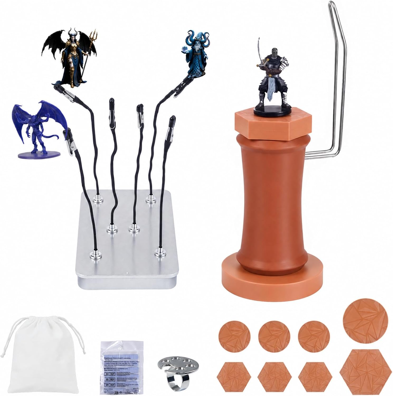 Miniature Painting Handle Set, 360°Rotating Holder for Tabletop Miniatures, Includes Base x 8,Clip x 6, Iron Box x 1, Clay x 1, Ring Palette x 1, Bag x 1, for DND & Scale Models