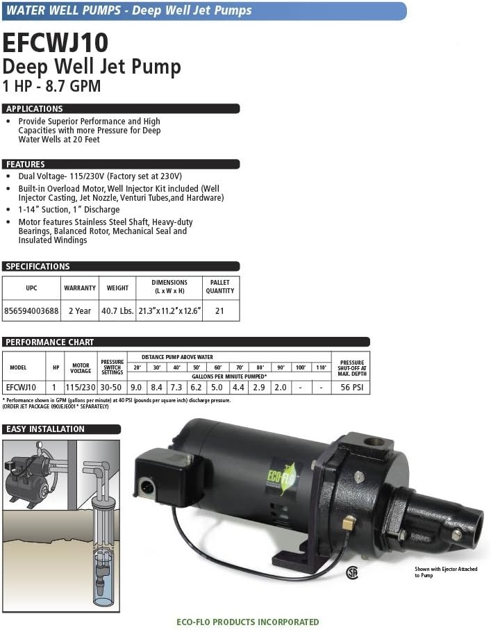 ECO-FLO Products EFCWJ10 Deep Water Well Jet Pump, 1 HP, 20 GPM