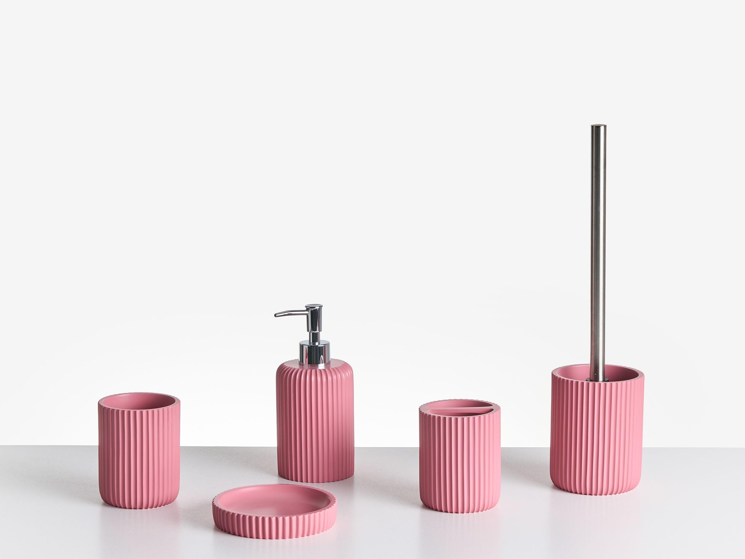 Conjunto de 5 Accesorios de baño jabonera dispensador de jabón escobilla de Inodoro Vaso Soporte para cepillos de Dientes Rosa Camana