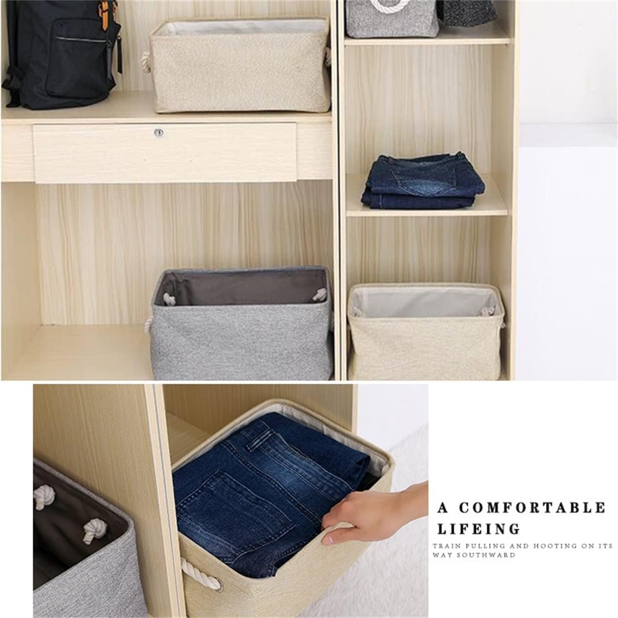 Storage Basket, Portable Foldable Clothes Closet Organizer Containers, Multifunction Hemp Rope Handle Storage Bag for Clothing, Pack of 3 (Color : Beige, Size : S-1/m-1/l-1)