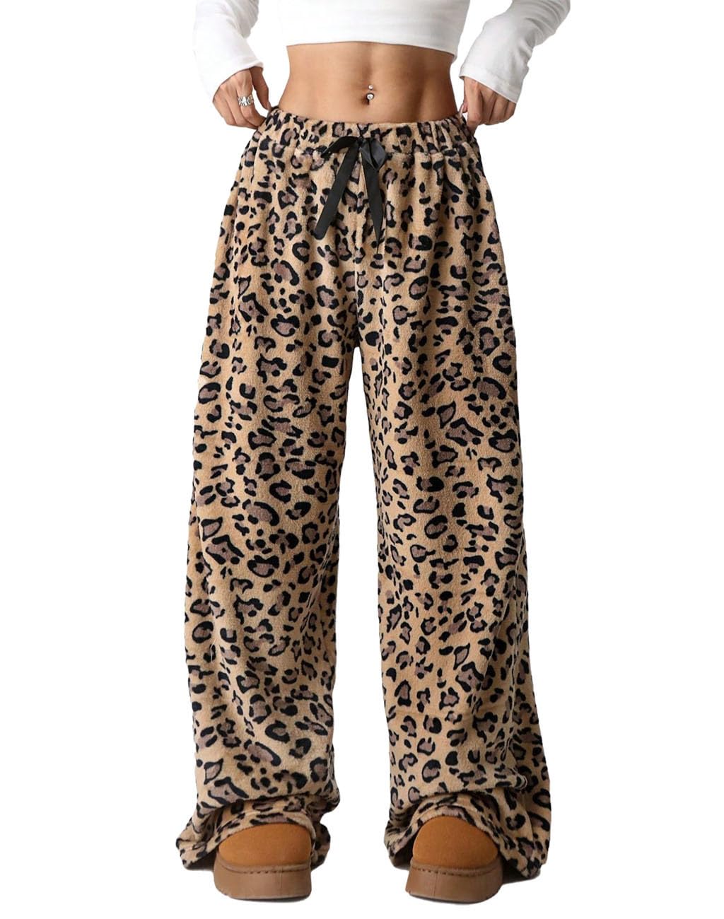 Wuitrie Wide Leg Pants for Woman Trendy Elastic High Waisted Bow Loose Furry Pattern Pajama Trousers Casual Fall