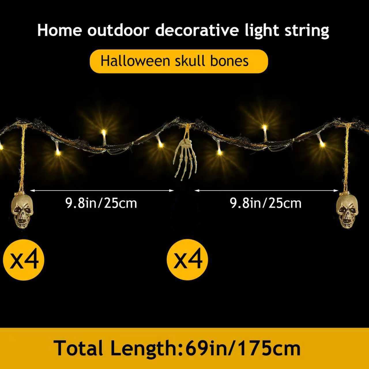 Luci decorative per Halloween per interni ed esterni, 1,8 m, 26 LED, a forma di osso, a batteria, spaventose ghirlande di Halloween, patio, decorazione per feste