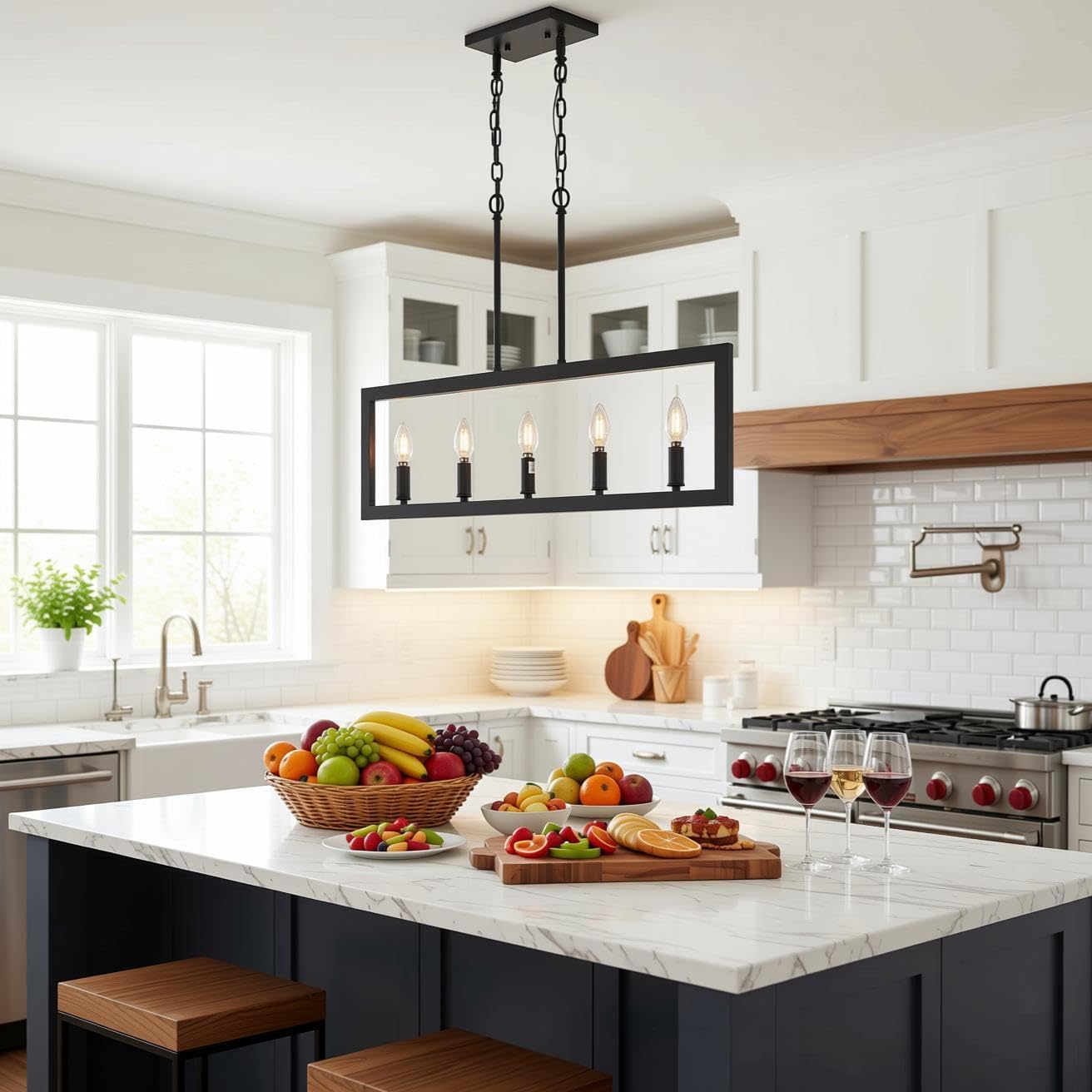 32in 5-Light Linear Pendant Lights, Adjustable Hanging Chain, Modern Farmhouse Kitchen Island Lighting, Industrial Chandelier Lighting Decor for Dining Table Lights