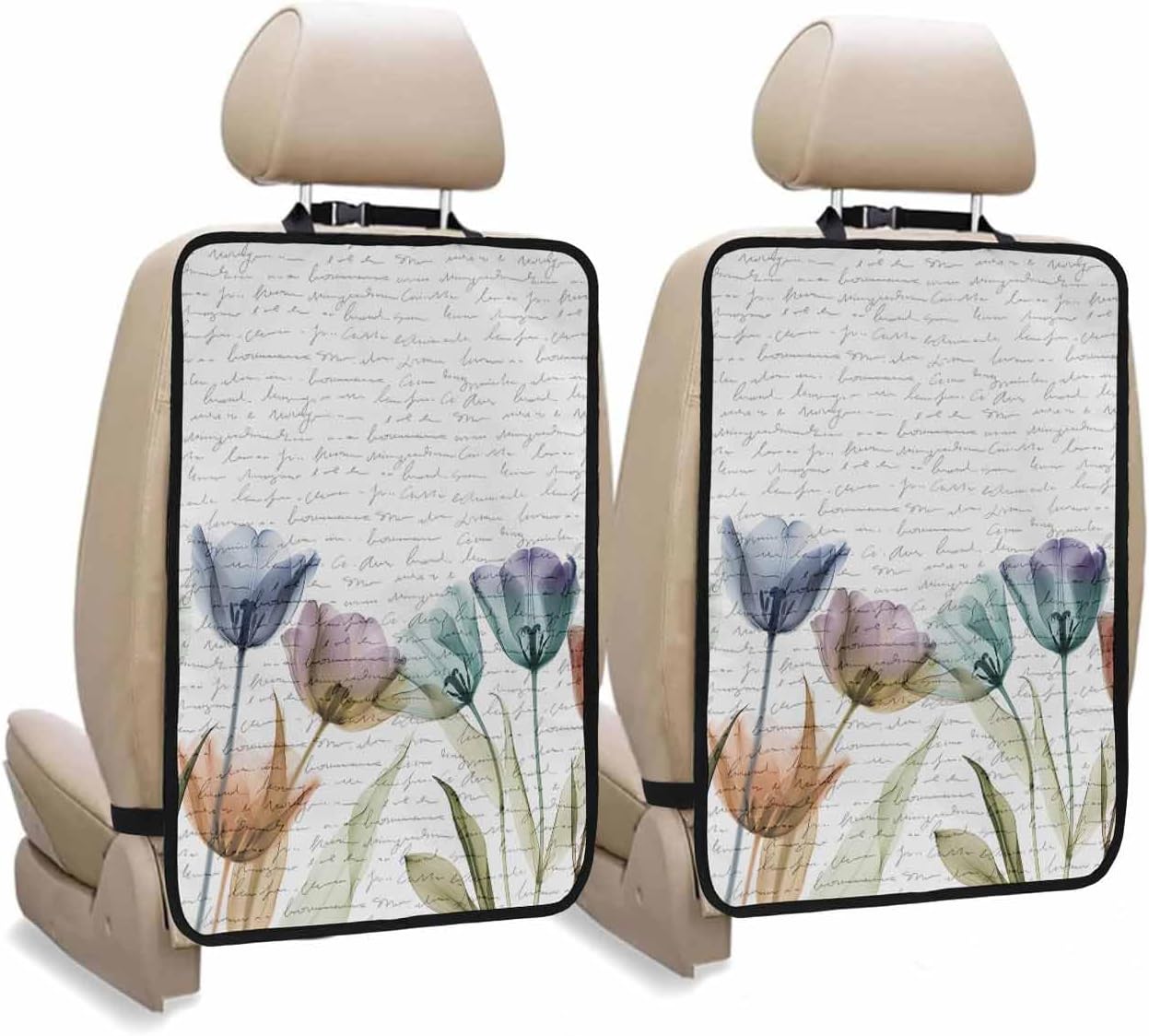 T&H XHome Car Seat Protector, 2 Pack Kick Mats Back Seat Protector Colorful Watercolor Tulip Flower Text Design Waterproof Backseat Cover for Kids Universal Fit Automotive Interior Protectors