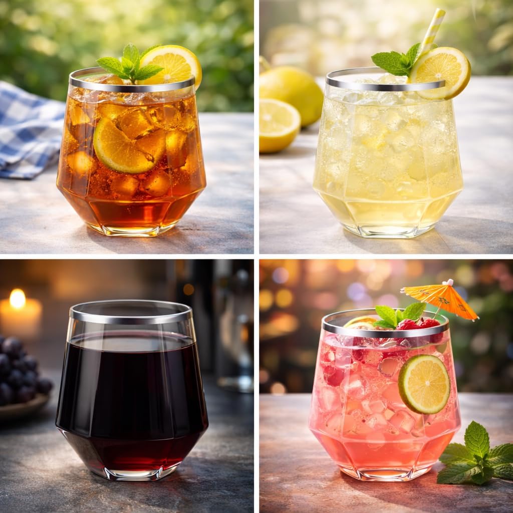 Oojami 40 count 12 Ounce Cups Diamond Silver Rim Unbreakable Stemless Plastic Wine Champagne Whiskey Glasses Elegant Durable Disposable Indoor Outdoor Ideal for Home, Office, Bars, Wedding, (Silver) - Image 4