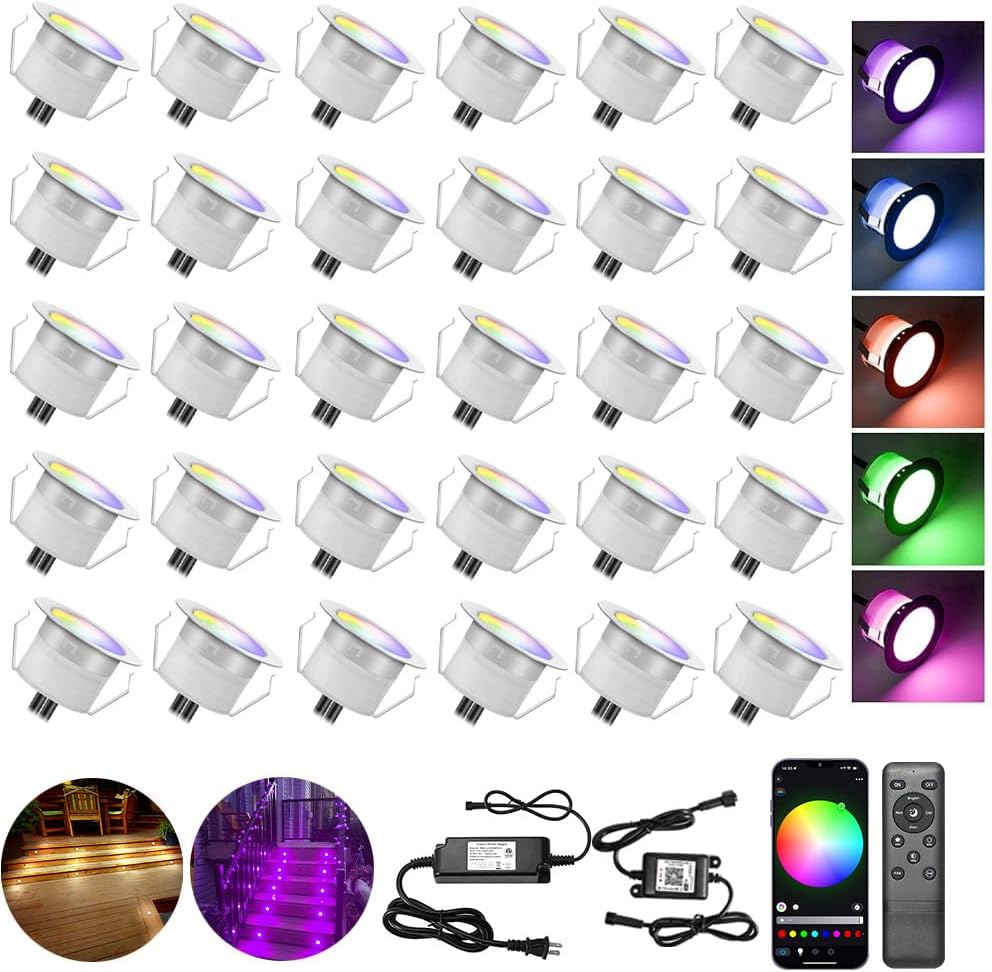 Low Voltage LED Deck Lights, 30 Pack 1.22" Smart WiFi RGBW 3000K Recessed Step & Stair Lighting Kit, IP67 Waterproof Outdoor for Deck, Walkway & Landscape, Compatible with Alexa & Google Assistant