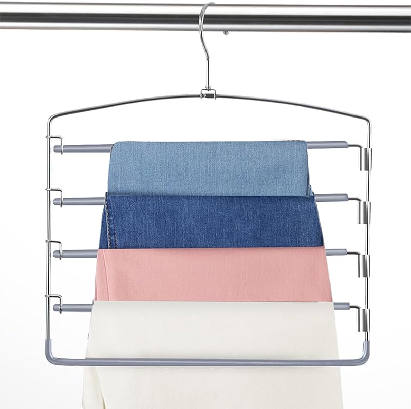 Perchas para pantalones, paquete de 6, 5 capas, estante multifuncional para pantalones, brazo oscilante, colgador para ahorrar espacio para pantalones, jeans, toallas, bufanda (gris)