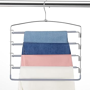 FeeraHozer Pants Hangers Space Saving 3 Pack No Slip 5 Layers Multi Functional Pants Rack Stainless Steel Swing Arm Space Saver Hanger for Trousers Jeans Towels Scarf Grey