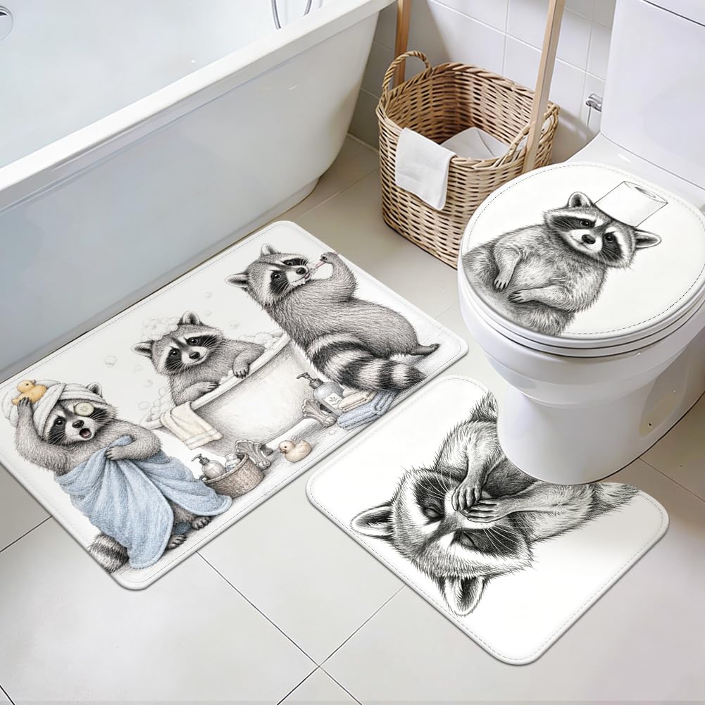 Set di 3 divertenti tappeti da bagno con procione, antiscivolo, decorazione per il bagno, lavabile, a forma di U, per ingresso, camera da letto, pavimento, lavanderia, hotel, cucina, vasca