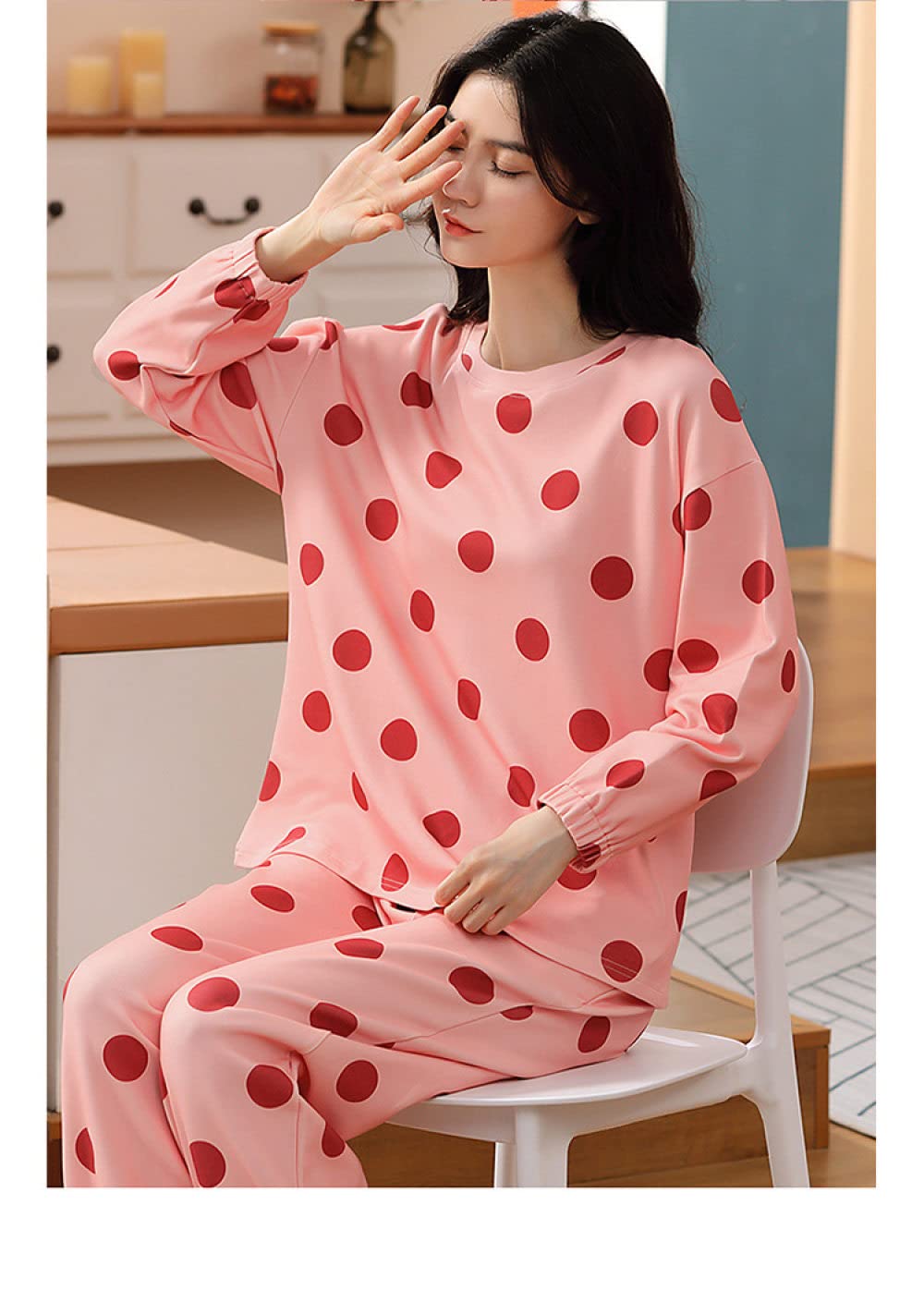 Pijamas Mujer,Conjuntos De Pijama Para Mujer Algodón Rosa Cuello Redondo Estampado De Lunares Clásico Acogedor Cálido Manga Larga Pjs Top & Amp; Conjunto De Pantalones Ropa De Dormir Ropa De Dorm