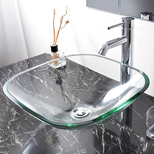 Aquaterior Square Tempered Glass Vessel Sink Basin With Chrome Mounting Ring And 1 5/8" Pop Up Drain Combo Set Bathroom #TOP7