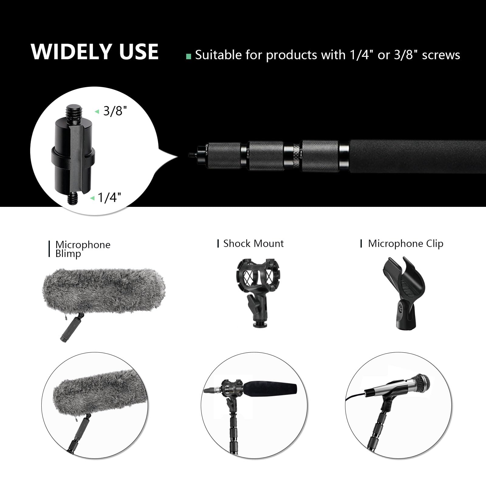 RAUBAY Braccio del microfono a 3 sezioni, estensibile, palmare con vite da 1/4" e 3/8", lunghezza regolabile da 1,1 m a 2,7 m, asta in fibra di carbonio MA01