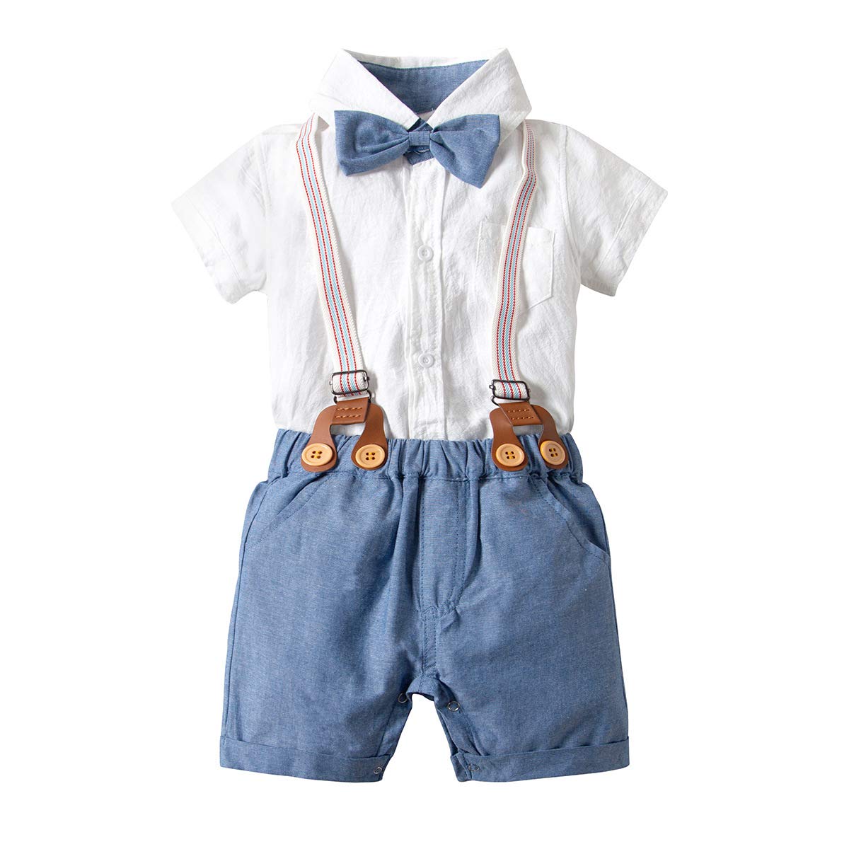 BINIDUCKLING Newborn Baby Boy Romper and Overall, Infant Toddler Formal Suit 4 Pcs Set Bowie Suspender Romper Shorts