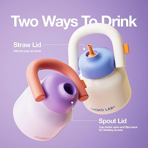 Miniatura 4 de CHAKO LAB Botella de agua con pajilla y asa de transporte, botellas de acero inoxidable con aislamiento al vacío de boca ancha, reutilizable, a