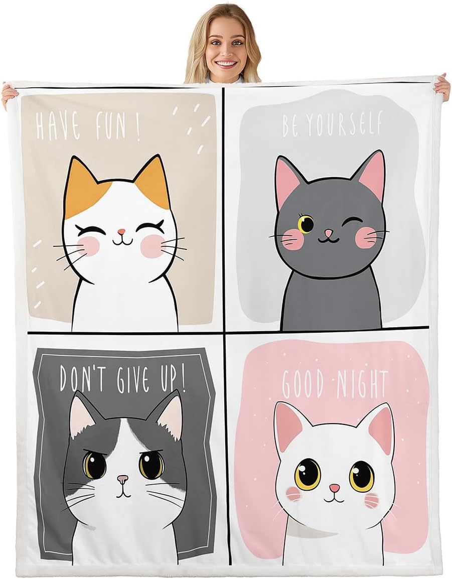 Erosebridal Kawaii Cats Throw Blanket Queen 90"X90" Pink Grey Cute Little Cat Plush Blanket Adorable Animal Sherpa Blanket for Kids Boys Girls Patchwork Cartoon Doodle Fleece Blanket for Bed Sofa