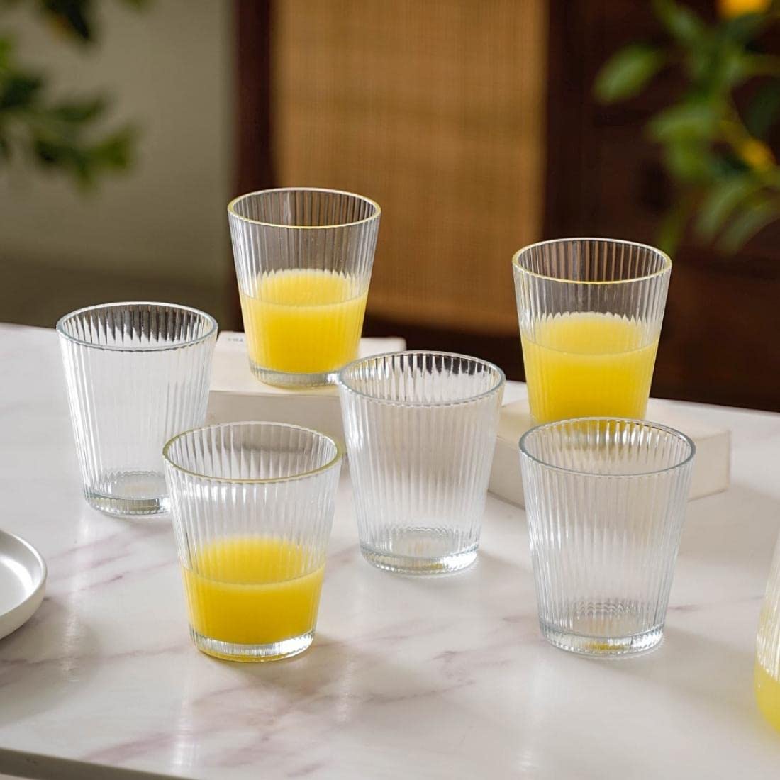 Nestasia Juice Glasses Set of 6 (260ml Each) - Transparent Ribbed Textured Glasses Tumblers | Drinking Glasses Ideal for Water, Cold Drinks, Mocktails & Daily Use