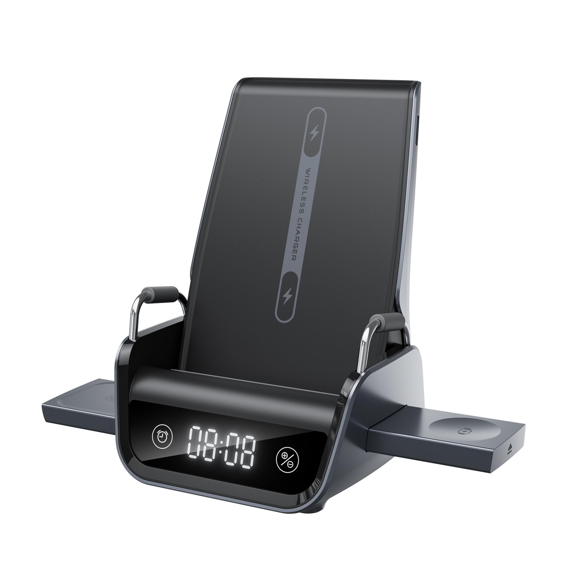 Supporto Ricarica induttivo per Telefono, Auricolari e Smartwatch, Stazione Alimentazione da Tavolo da 15 W con Orologio Digitale e Supporto per la Visualizzazione Orizzontale Dock Ricarica