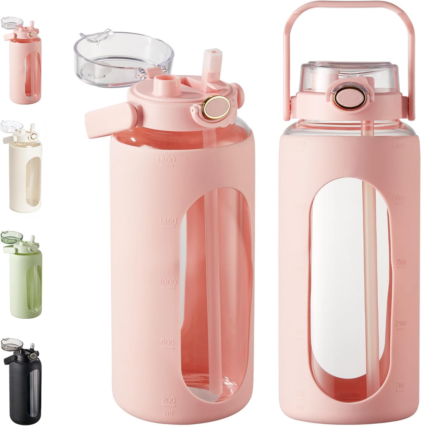 EETU 64 OZ Glass Water Bottle with Straw and Handle Half Gallon Bottle with Silicon Sleeve 2L Sports Water Bottles for Fitness, Gym, Workout (Purple)