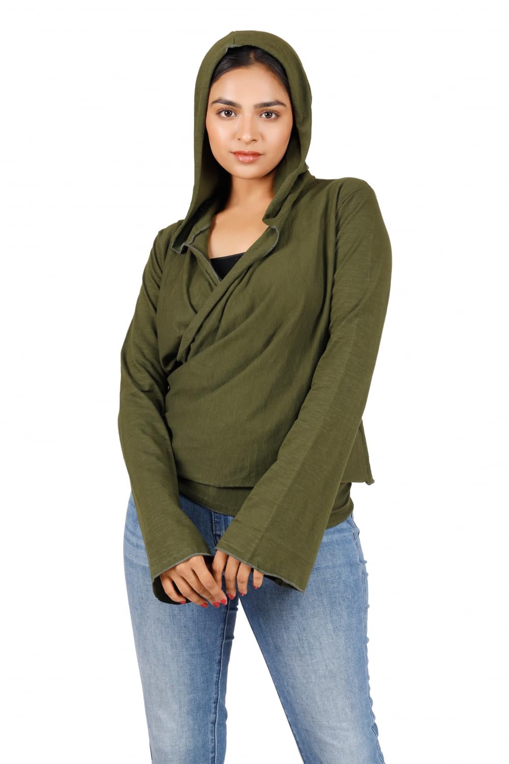 GURU SHOP Wickelshirt, Yogashirt, Langarmshirt mit Trompetenärmeln, Damen