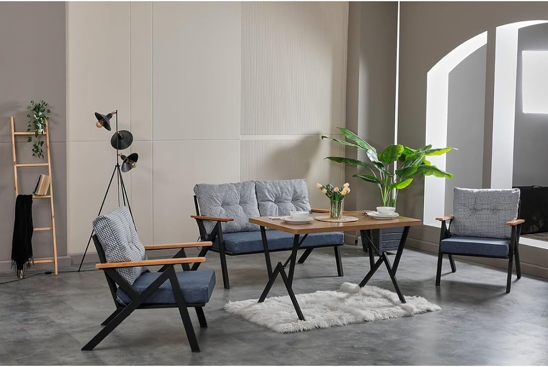 Venedik 4 Kişilik Ahşap Kollu Modern Bahçe Balkon Salon Oturma Grubu Takımı - Mavi Gri