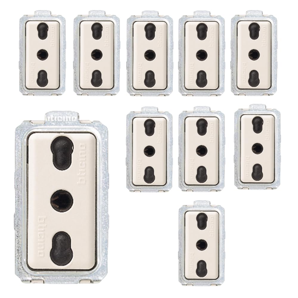 BTicino Presa Bipasso 10/16A Bivalente Serie Magic 5180 Bianco Lucido, Tecnopolimero, Doppio Standard Italiano 230V AC (Chiaro, Pezzi 10)