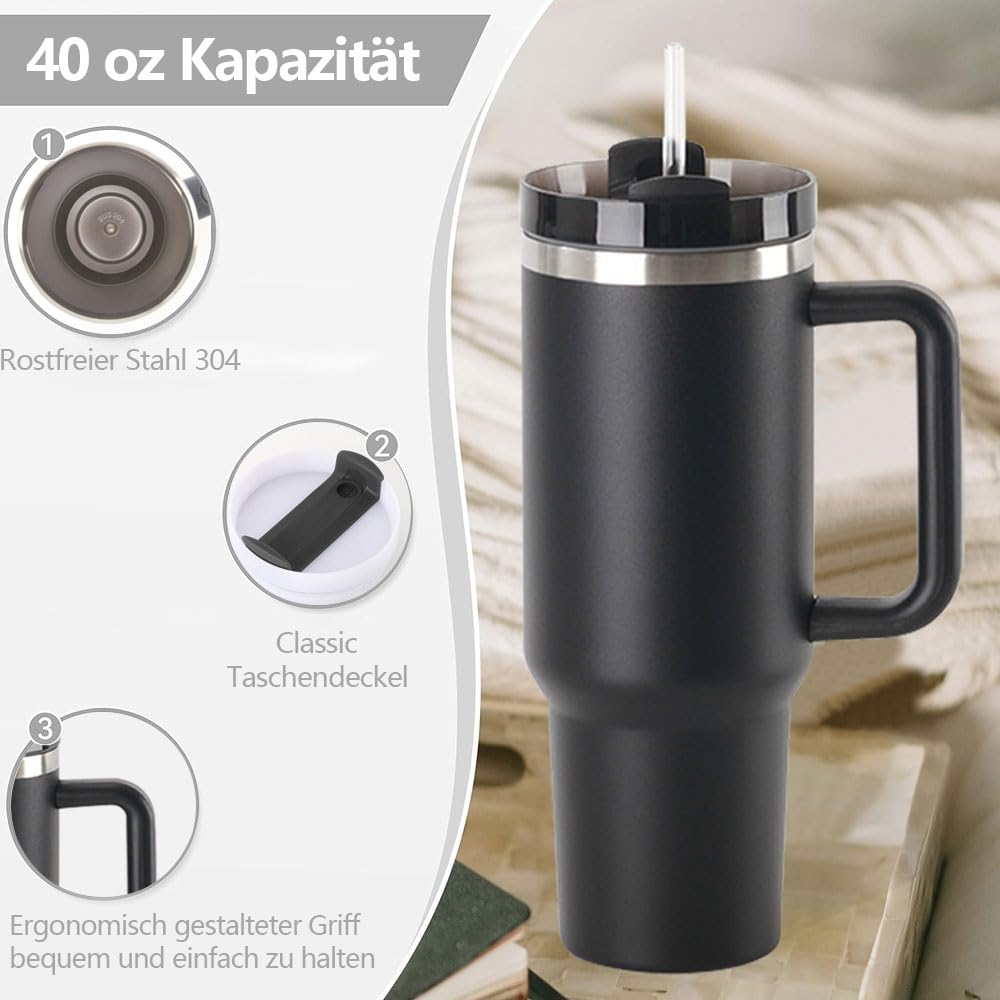 Tazza Termica Con Manico E Cannuccia - Bicchiere Isolante Da Viaggio Per Bevande Calde E Fredde - Foto 10