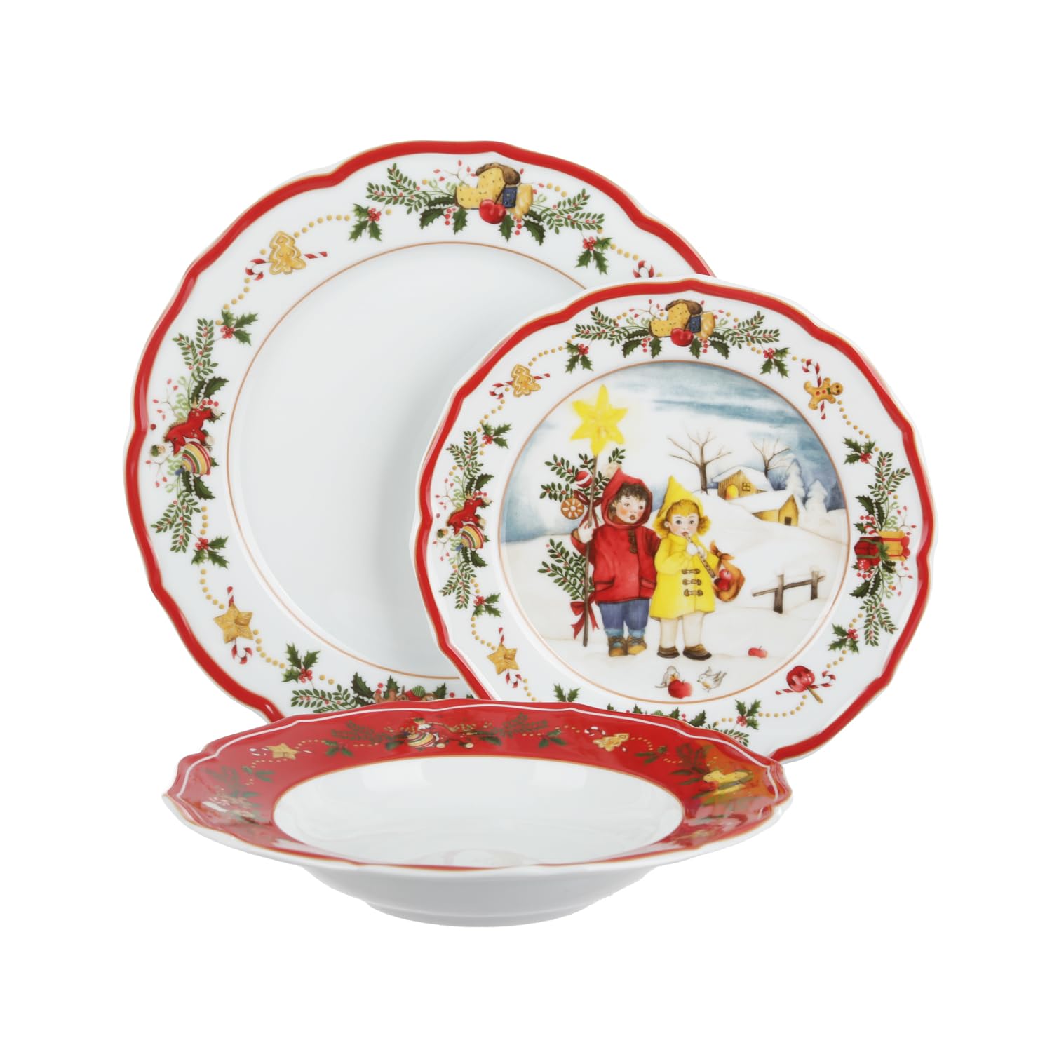 Set De Table Noël Enfants 3 Pièces - Assiettes En Porcelaine Rouge Avec Motif Enfants Dans La Neige