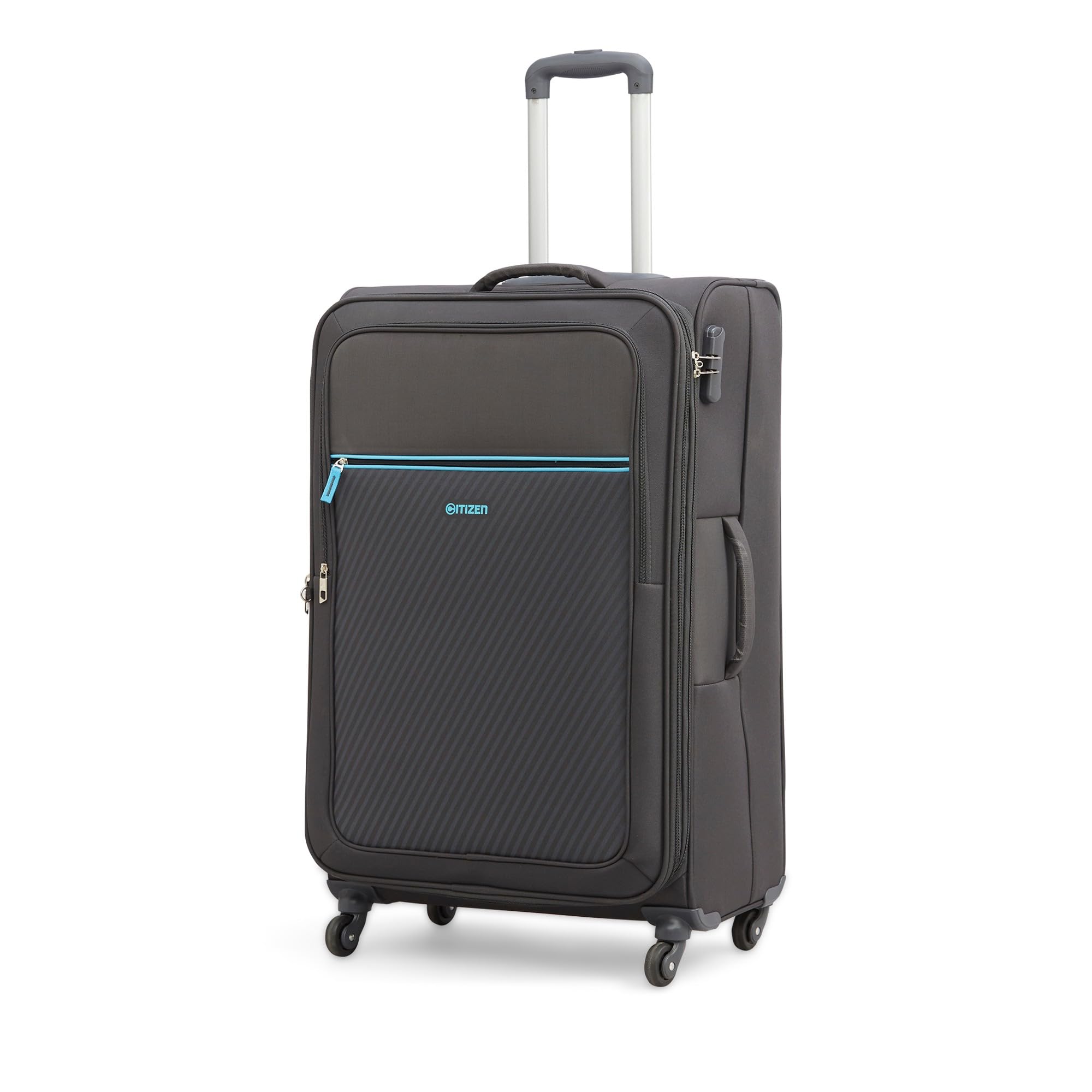 CitizenStriped Explorer Trolley Bag 78 cms Large Check-in Bag with Wet Pouch, Expandable Luggage with 4 Spinner Wheel, Built in Combination Lock, Soft Sided Polyester Suitcase for Travel (Grey)