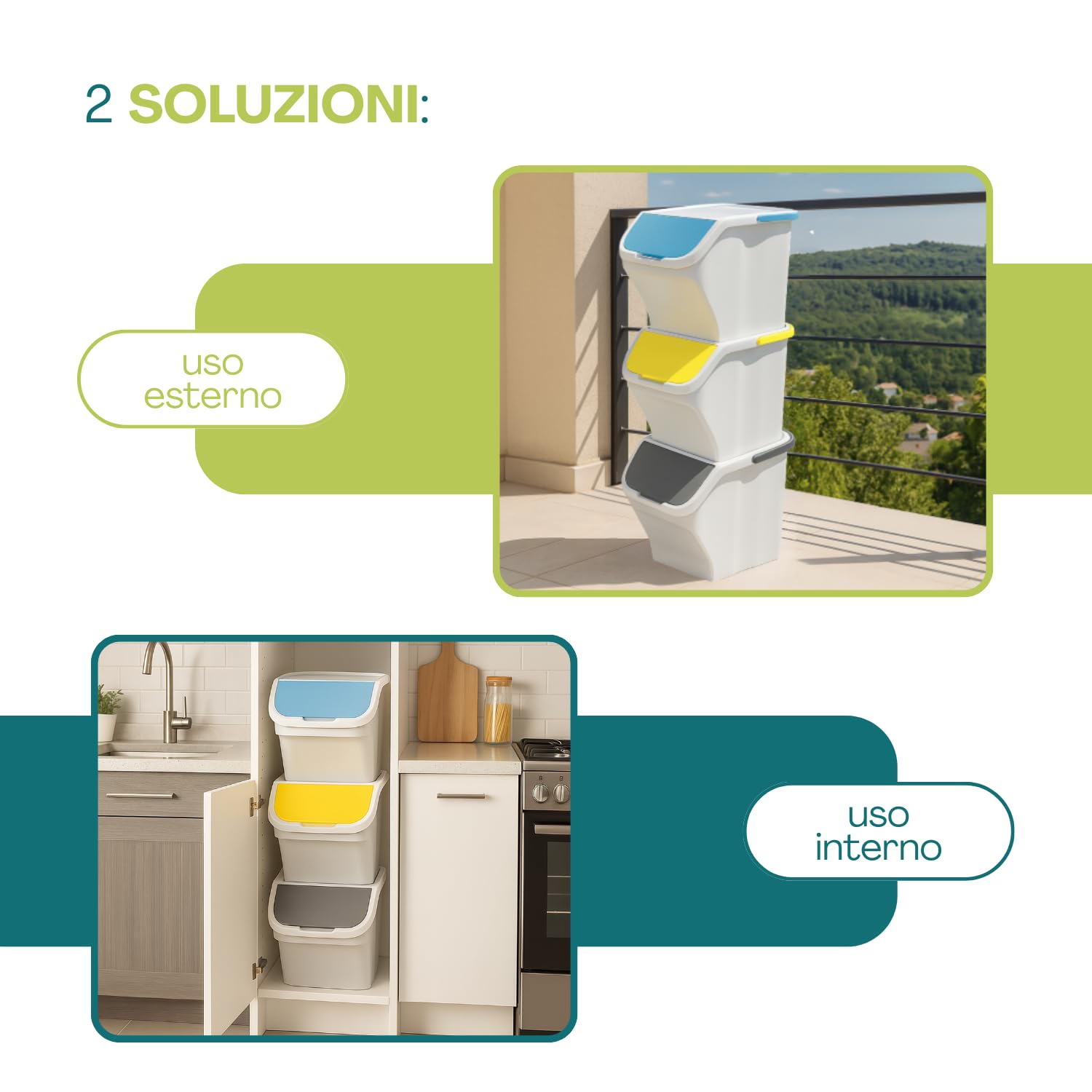 PALUPLUS Set 3 Pattumiere a Torre Bianche per Raccolta Differenziata, misura 40x30x34 cm, Capacità 25 Litri, Bidoncini Spazzatura Impilabili con Maniglia, Colori Giallo, Grigio e Azzurro -1235C -3,48