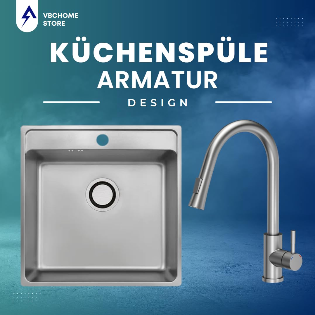 VBChome Edelstahlspüle mit Armatur 49 x 48 x 21 cm Inox Glatt Edelstahl Einbauspüle mit Hahnloch Küchenspüle Spüle Groß Becken Siphon Edelstahlspüle Armatur Inox mit ausziehbarem Auslauf