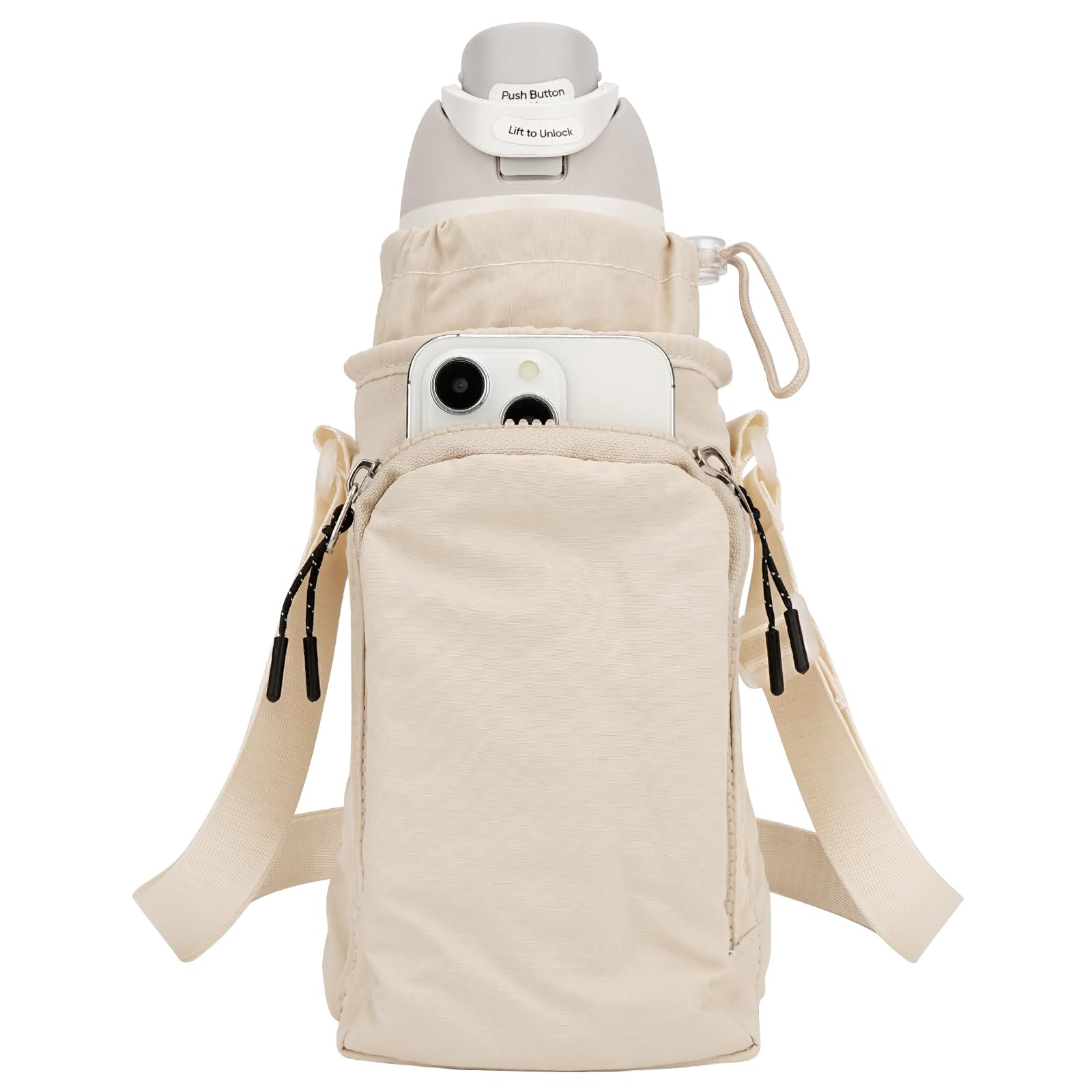 Linkidea Water Bottle Carrier with Strap Compatible with Owala FreeSip 24oz/32oz, Iron Flask Wide Mouth 32oz, Bottle Shoulder Strap Bag Holder with Phone Pocket (Beige)