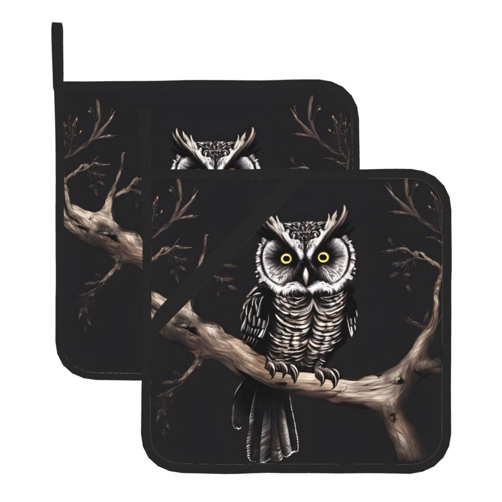 YYHHAOFA Late Night Owl Prints Square Hot Pot Pads - Waterproof Kitchen Throw Layers for Countertop, Oven & Grill - Durable Heat Resistant Pads with Hanging Loop (2-Pack)