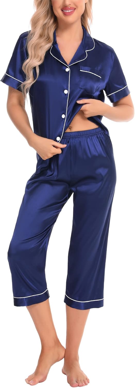 SWOMOG Satin Pajama Set Women Silk Pjs Set Short Sleeve 2 Piece Button Down Sleepwear Lounge Sets - Image 2