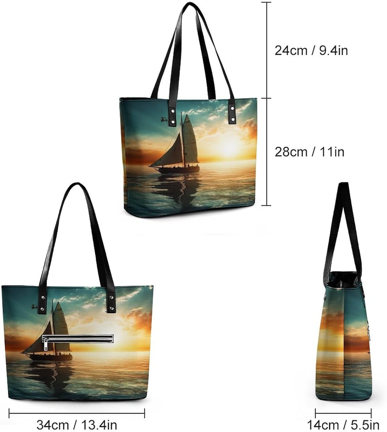 Boat on The Ocean Tote Bag Large Soft Leather Purse with Zipper Lightweight Ladies Shoulder Handbag