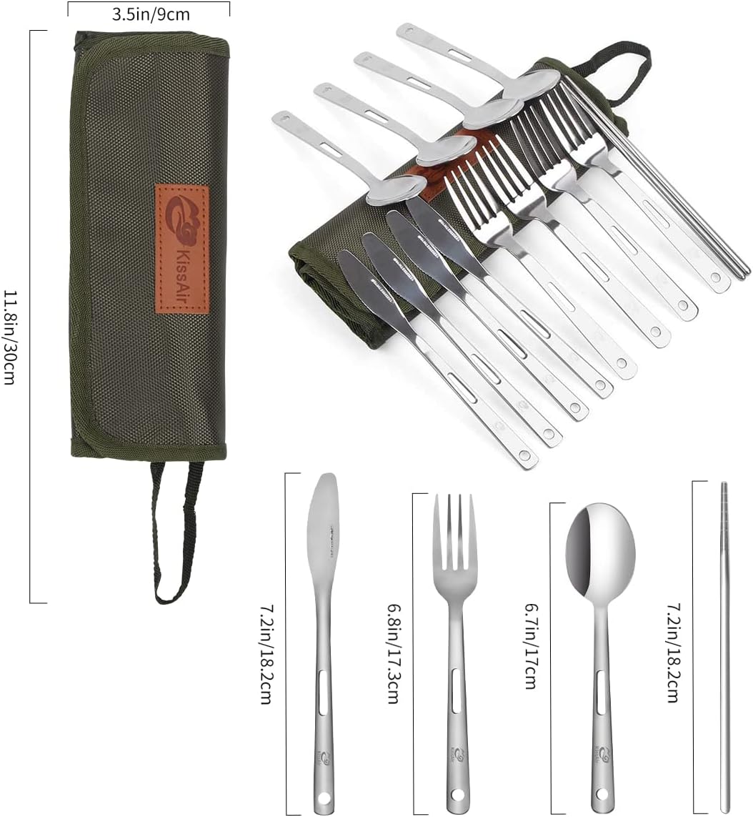 KissAir 4 Person Tableware Complete Messware Kit Polished Stainless Steel Dinnerware Dishes Mess Kit Set Includes Plate Cup Bowl Cutlery Flatware Set for Backpacking (Family Set（Army Green）) : Sports & Outdoors