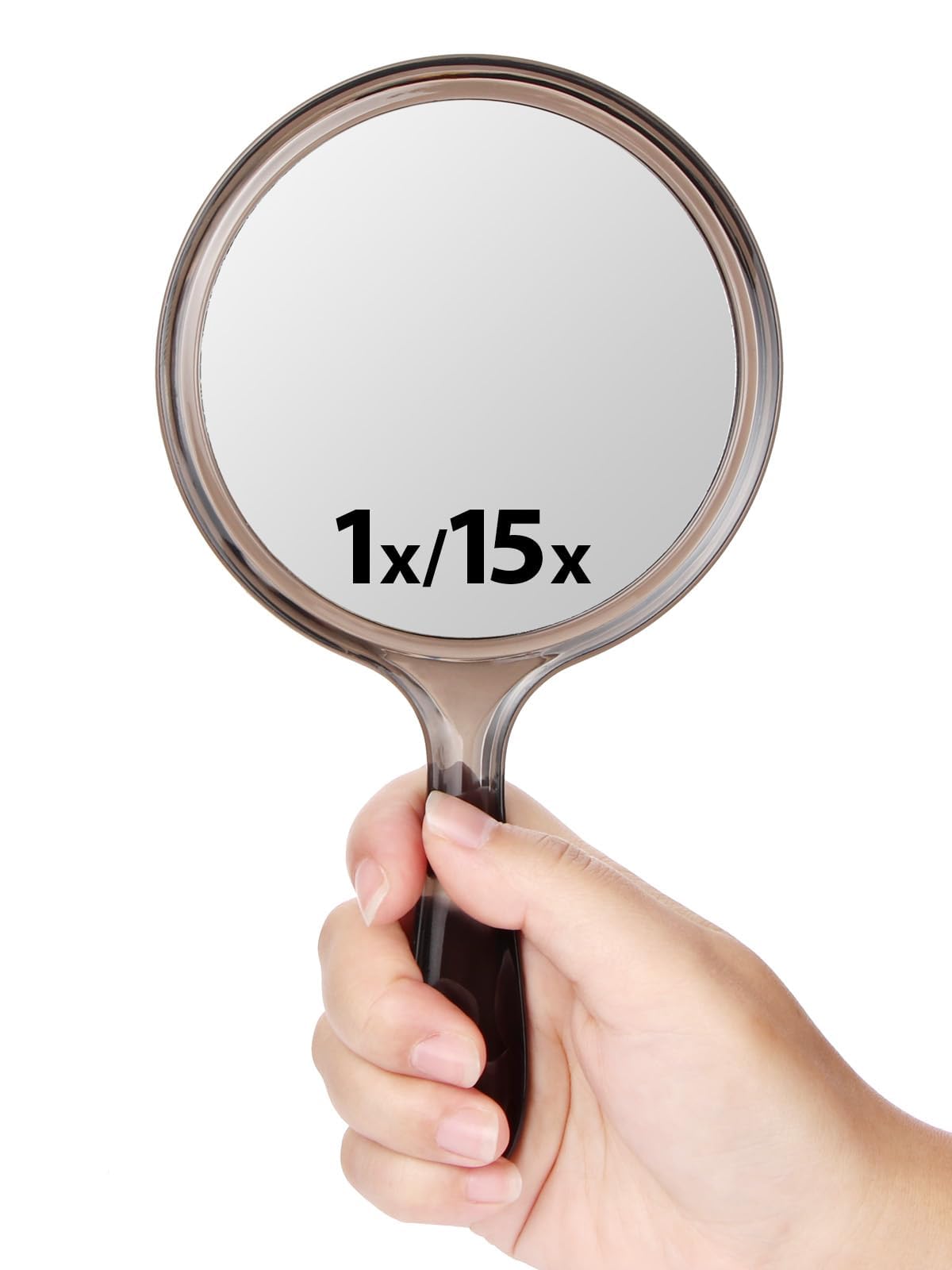 Macaki Double-Sided Handheld Mirror with 1X/15X Magnification, Perfect for Travel and Makeup, 8.3" Lx4.5 W(Transparent Black, 1PC)