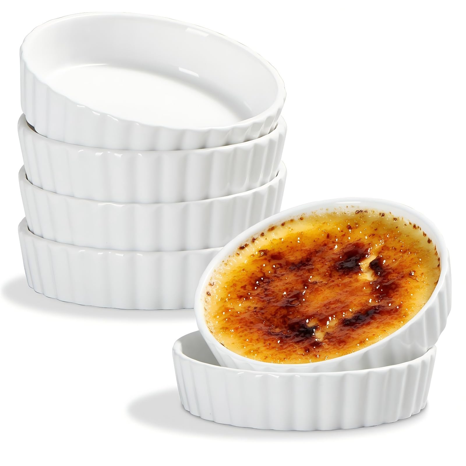 ONEMORE Ramekins, Creme Brulee Ramekins oz Oven Safe White Porcelain  Small Baking Dishes for Individual Serving, Fluted Shallow Soufflé Dishes 