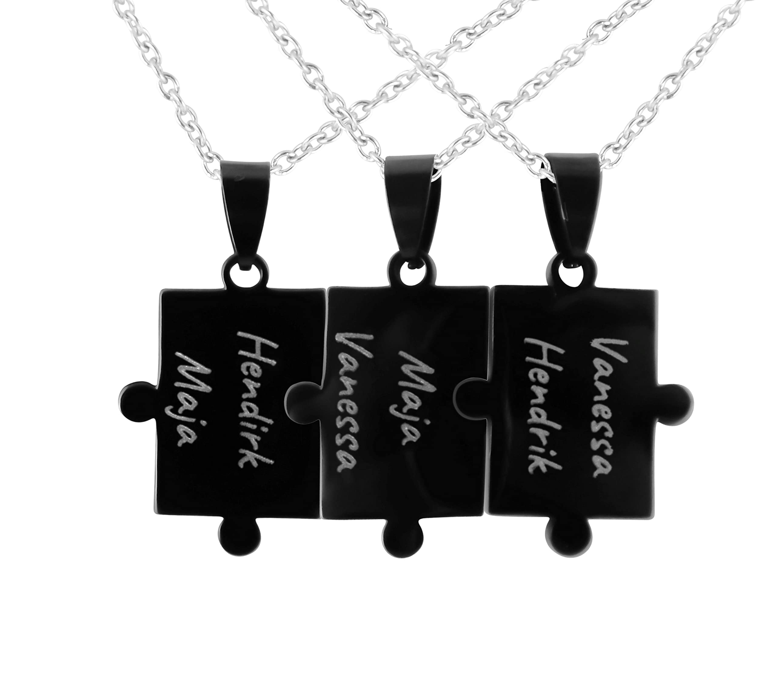 3 Stück Personalisierte Ketten mit Gravur Edelstahl 50 cm Puzzle in schwarz - Halsketten für Männer und Frauen - Personalisierter Schmuck Damen Herren Freundin Freund Geschwister