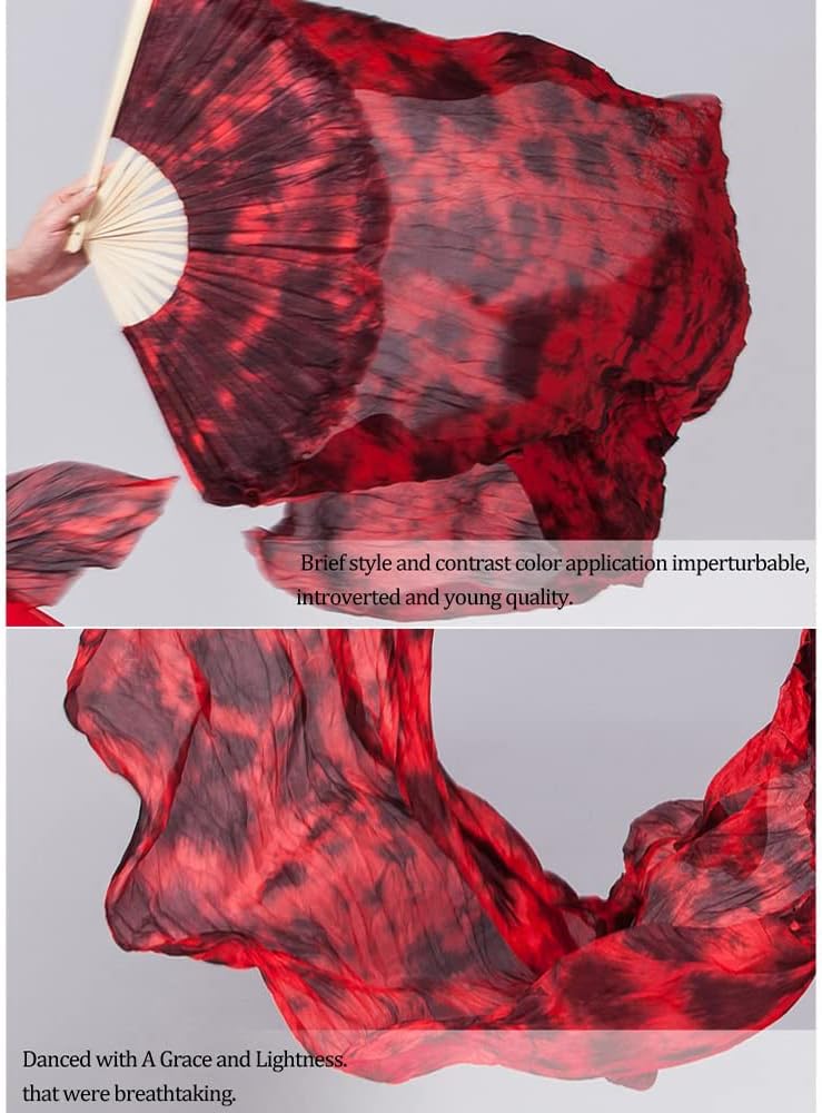 Aumulen Women 1 Pair (Left+Right) Real Silk Belly Dance Fan Veils Hand Made Colorful Tie-Dyed Dance Fans - Image 5