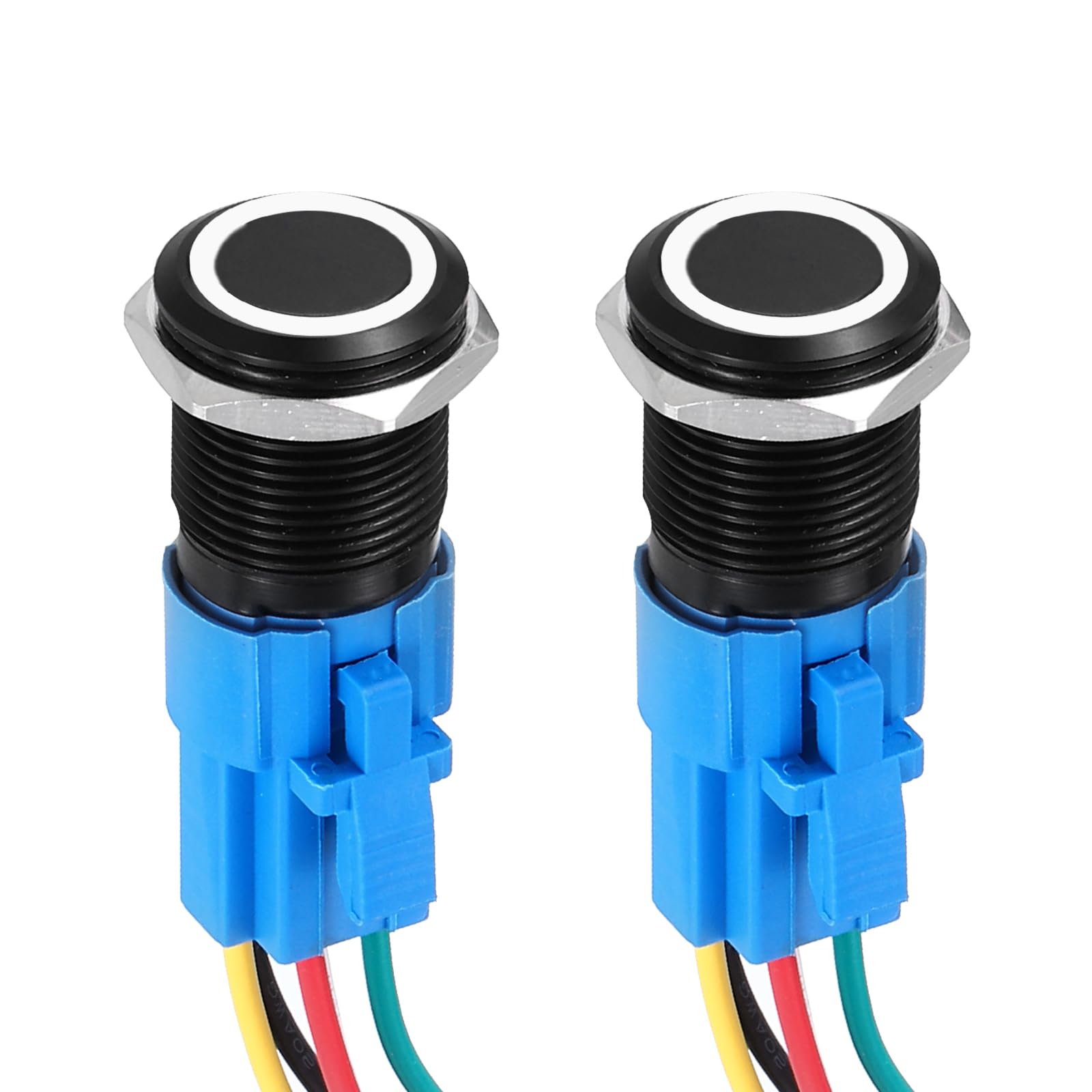 DMiotech 2 Pcs 16mm / 5/8" Push Button Switch, IP66 1NO1NC 12-24V 3A Momentary Latching Push Button Starter Light Switch Self-locking with White Light Round, Aluminum Alloy Flat Head Black