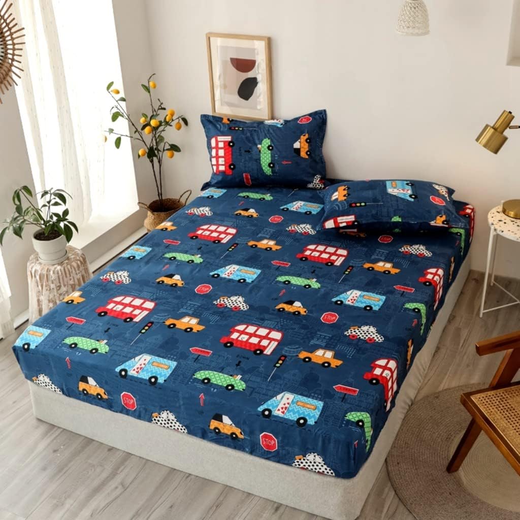 Kids Fitted Sheet Boys Cute Cartoon Cars Bed Sheet Set King for Children Toddler Bedroom Decor Lovely Vehicle Car Bedding Set Soft Bright Blue Bed Cover with 2 Pillow Case (Flat Sheet Not Included)