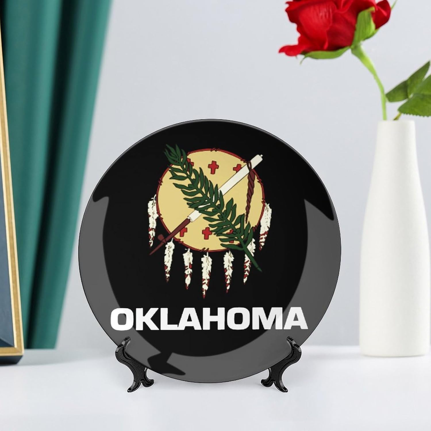 Oklahoma State Flag Ceramic Decorative Plates Ornaments with Display Stand for Home Office Wall Decor 8inch