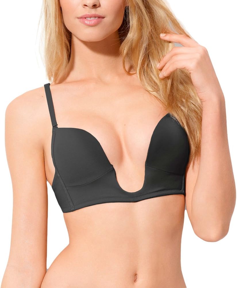Women’s Deep Plunge U-Shaped V-Bra Convertible Supportive w/Padded Cups & Low Open Back