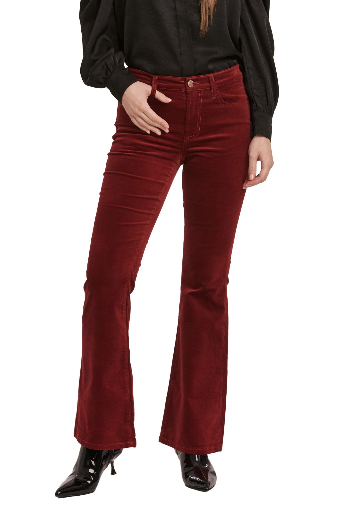 DEAR JOHN Rosa Flare Pants Womens Mid Rise Full Length Classic Fit Stretch Tailored Trouser Burgundy Velveteen 24