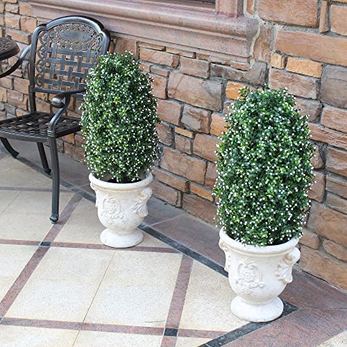 ECOLVANT Artificial Boxwood Topiary Tree UV Resistant Plant Two 28''T Artificial White Flower Buds Tree Artificial Potted Shrubs for Indoor Outdoor Home Garden (White) - Thumbnail 4