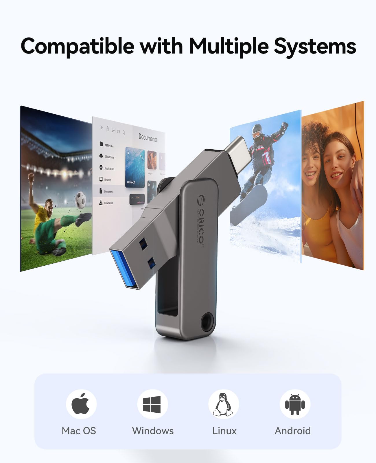 ORICO Pamięć USB 256 GB, mini pamięć USB 3.2 Gen 1 (podwójny USB-C/USB-A), przenośny napęd na pióra, odczyt 150 MB/s, kompatybilny z iPhone 15/16/17, Android, tabletem, laptopem- szary-EB05