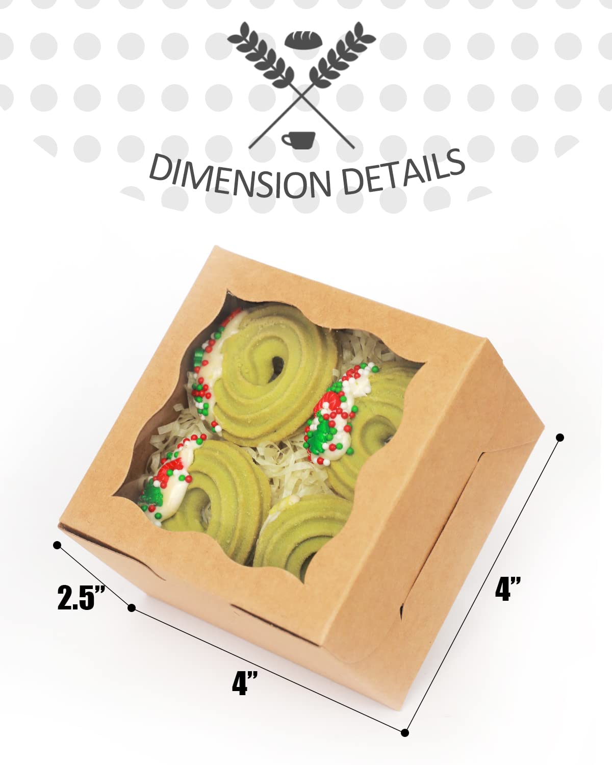 Caja de panadería con ventana, 100 unidades, color marrón de 4 x 4 x 2,5 pulgadas, cajas de macarrón, cajas de galletas (5 diferentes regalos incluidos)