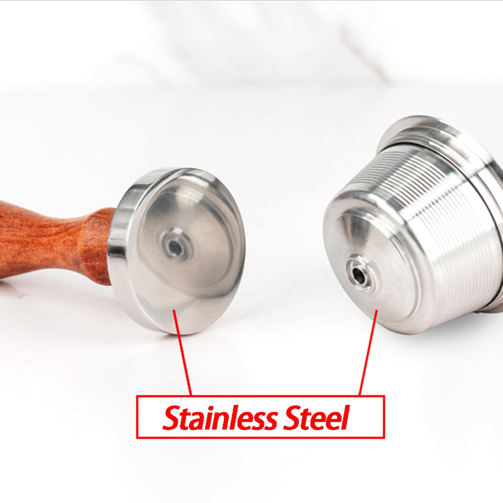 Cápsulas de café espresso de metal aptas para lavavajillas, con herramienta de apisonamiento, textura de madera de acero inoxidable para taza